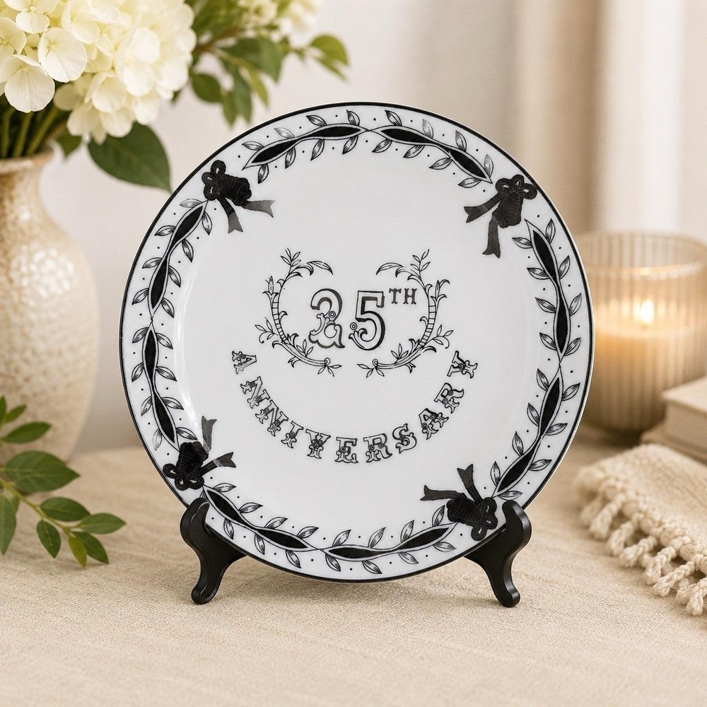Lefton China 25th Anniversary Plate Black White Silver Wedding 10"